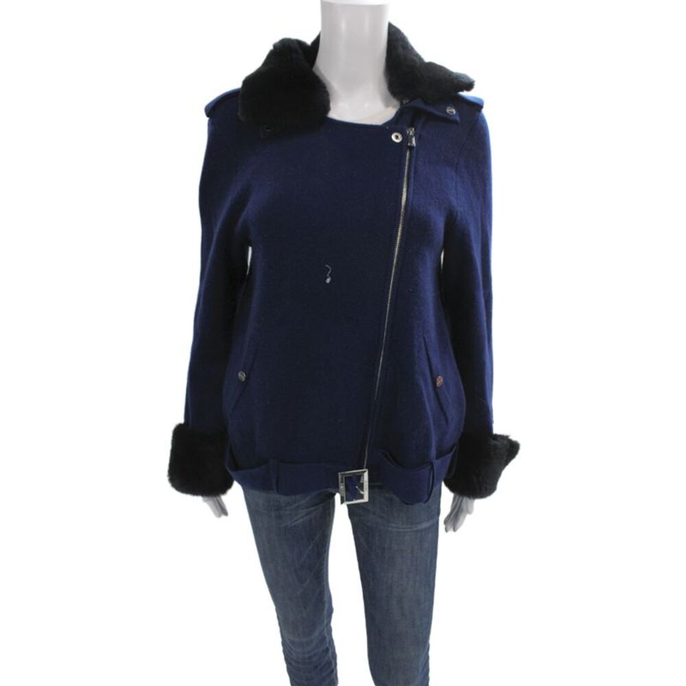 Max & Moi Women Merino Wool Biker Jacket Blue Zip Size M